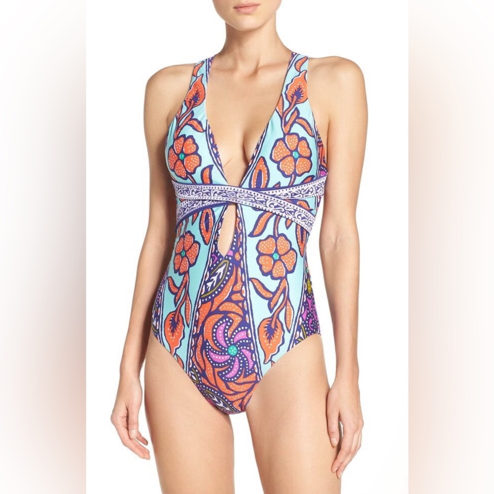 Trina Turk Aqua Balinese Batik Patterned One-Piece Cutout Swimsuit